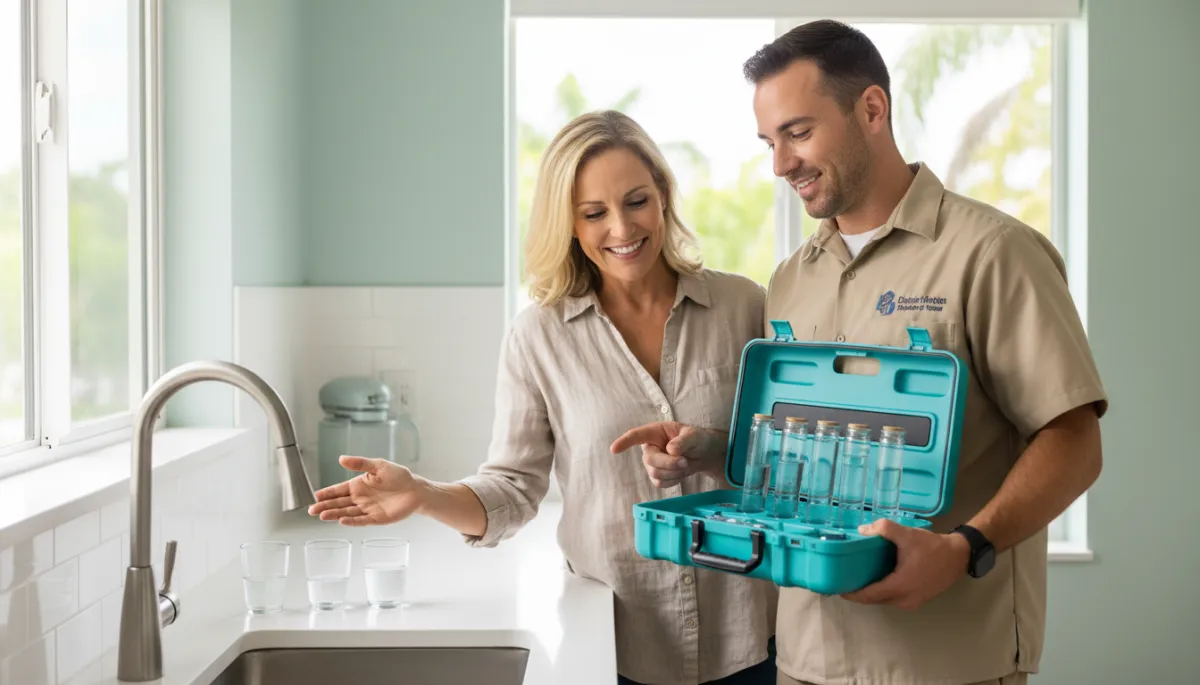 Plumber and homeowner in Southwest Florida reviewing water test results at the kitchen sink