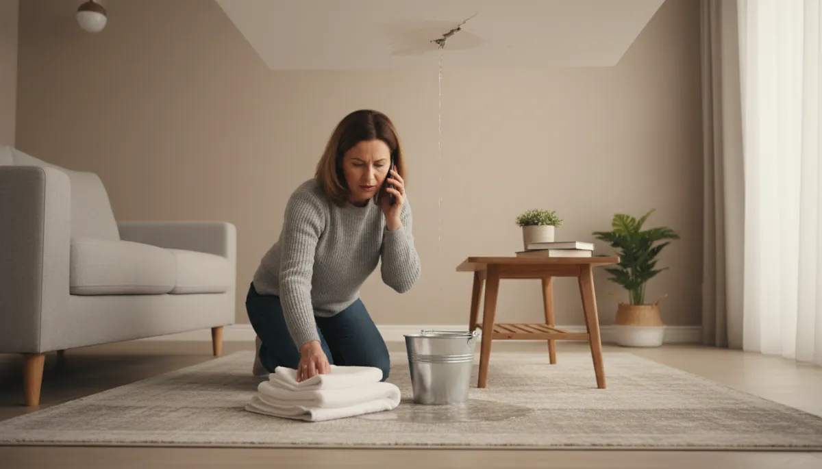 Homeowner controlling a ceiling leak with towels while calling a plumber