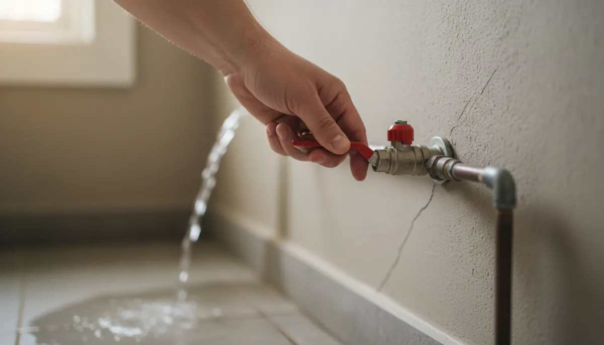 Homeowner reaching for a wall-mounted shutoff valve near a small leak