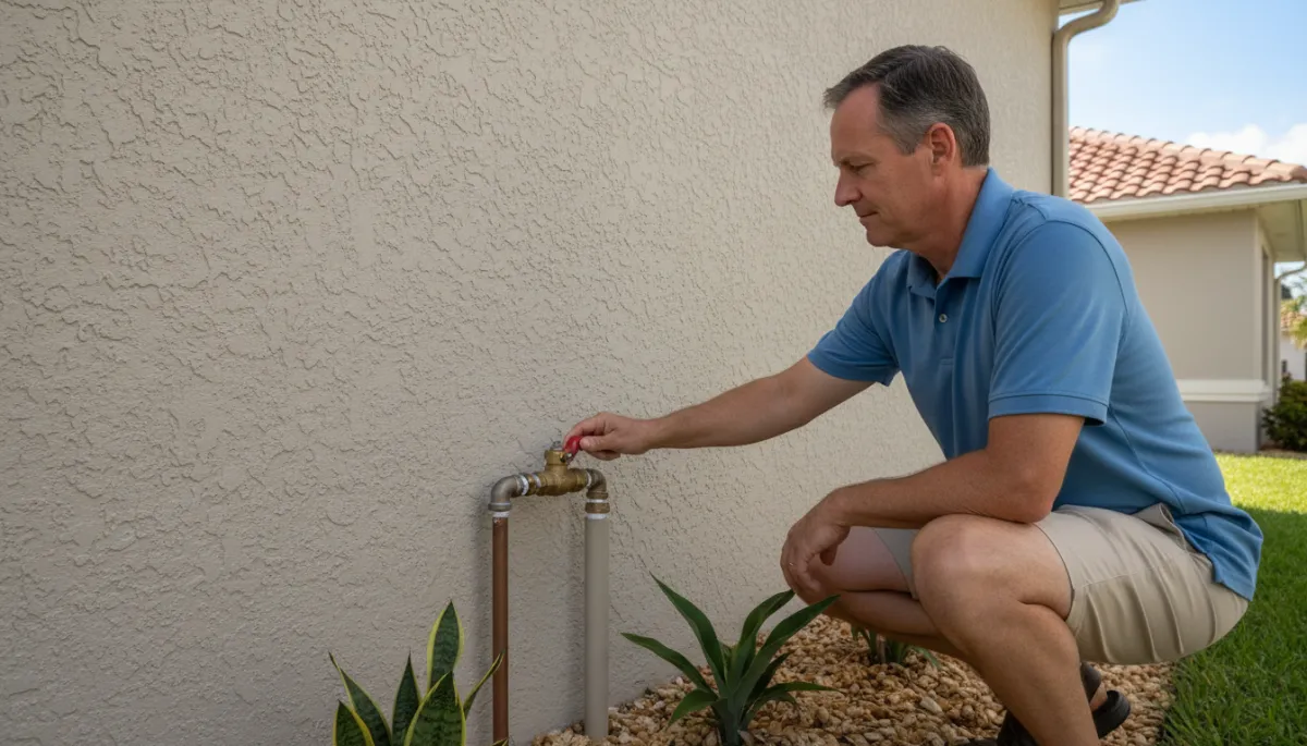 Homeowner turning the outdoor main water shutoff valve on a house wall