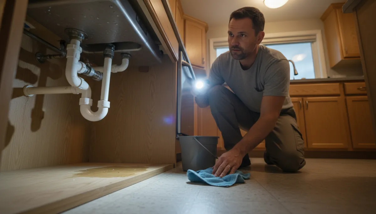 Homeowner checking under-sink plumbing for leaks after a storm Homeowner checking under-sink plumbing for leaks after a storm