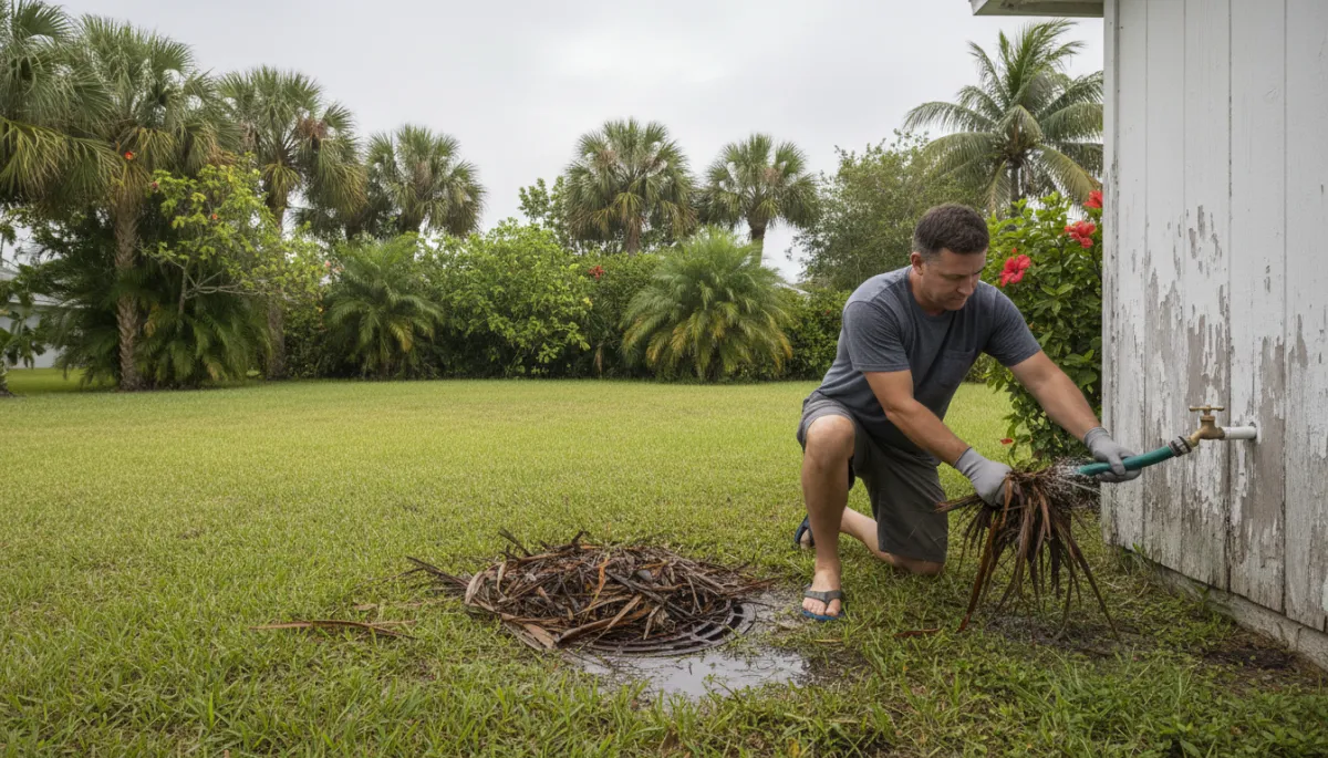 Homeowner preparing outdoor plumbing fixtures and drains before a hurricane Homeowner preparing outdoor plumbing fixtures and drains before a hurricane