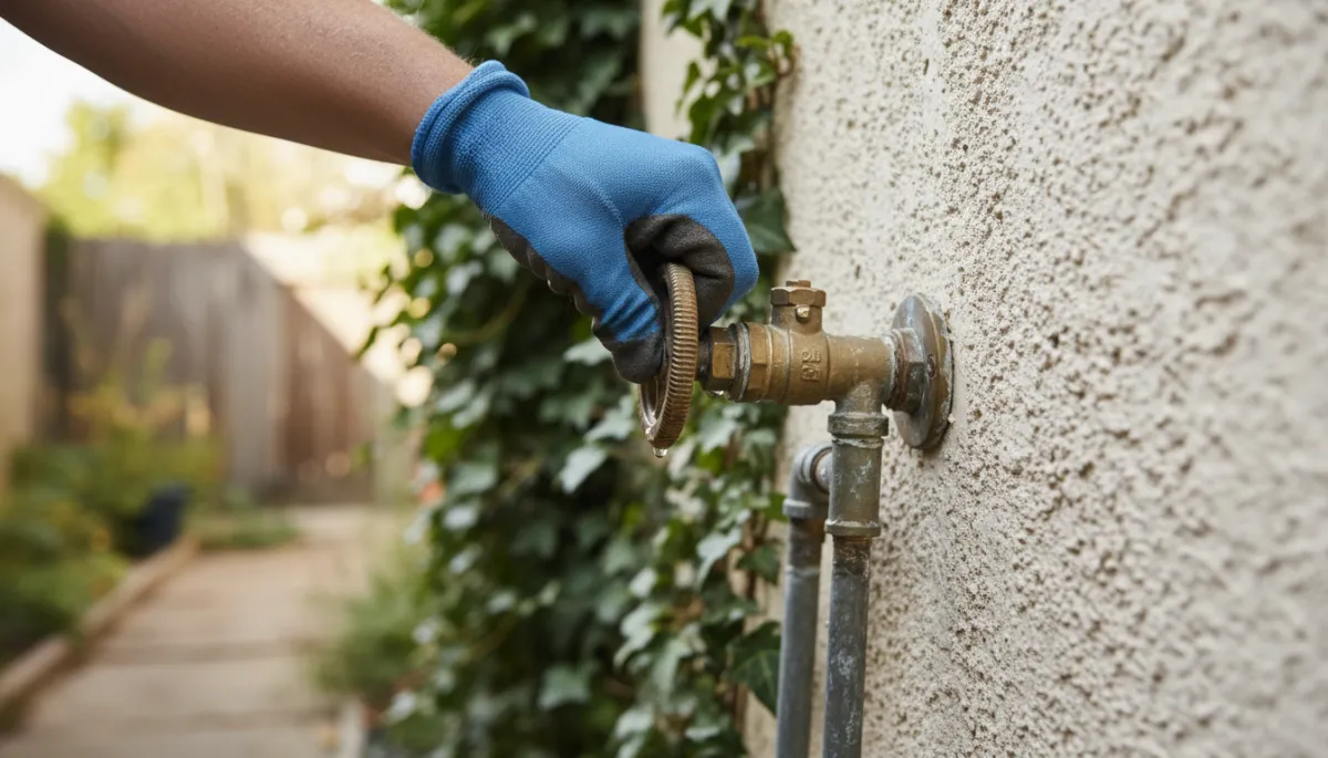 Plumber turning a home’s main water shutoff valve Plumber turning a home’s main water shutoff valve