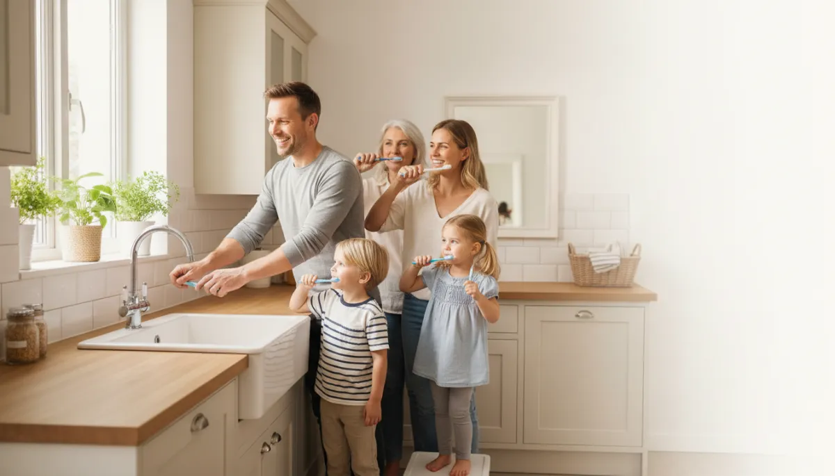 Family practicing water-saving habits together in their kitchen