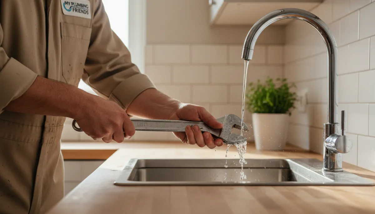 Plumber repairing a leaking kitchen faucet in a modern home