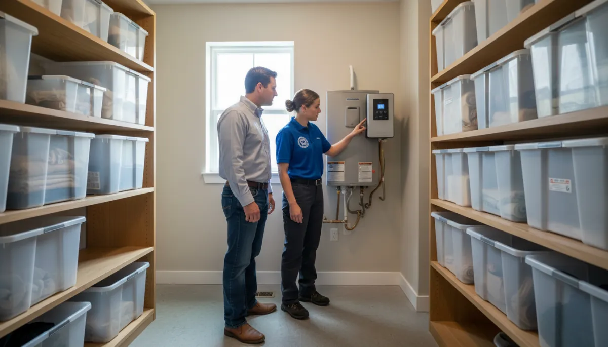 Homeowner and plumber reviewing an efficient water heater in a utility room