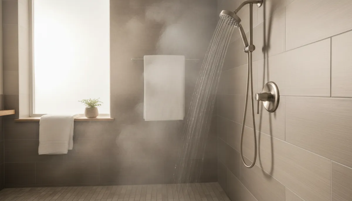 Modern bathroom with a low-flow showerhead providing a strong, comfortable spray