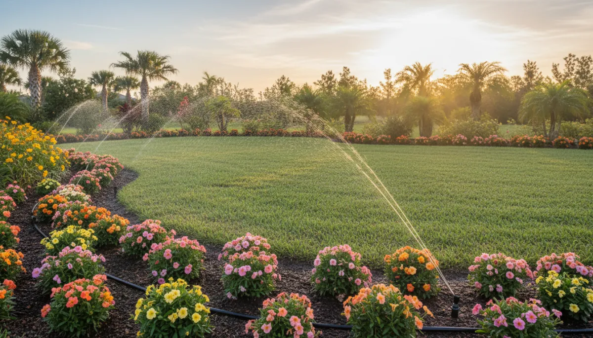 Backyard garden being efficiently watered with a smart irrigation system