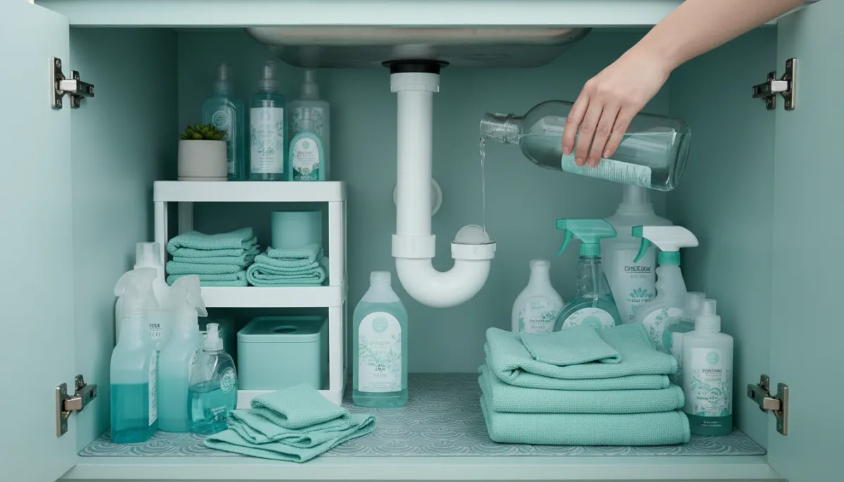 Under-sink plumbing with visible P-trap and homeowner maintaining drain