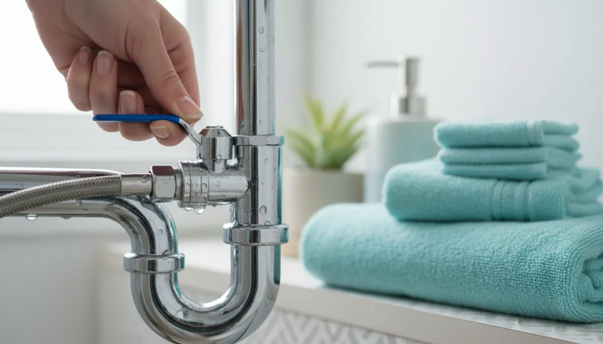 Hand turning a shut-off valve under a bathroom sink