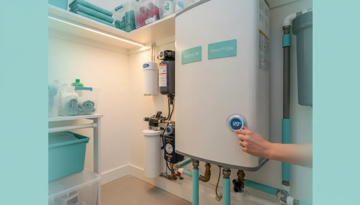 Homeowner adjusting a water heater thermostat in a utility closet