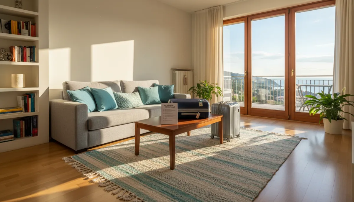 Living room with packed suitcases and a printed plumbing checklist on the table