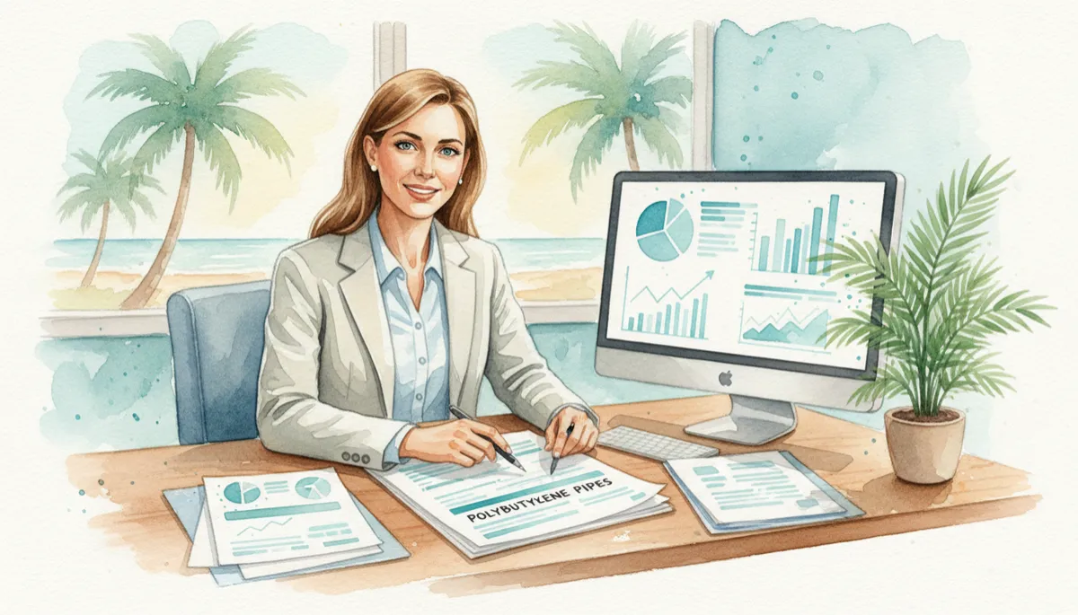 Insurance agent reviewing a report about polybutylene pipes in a Florida home Insurance agent reviewing a report about polybutylene pipes in a Florida home