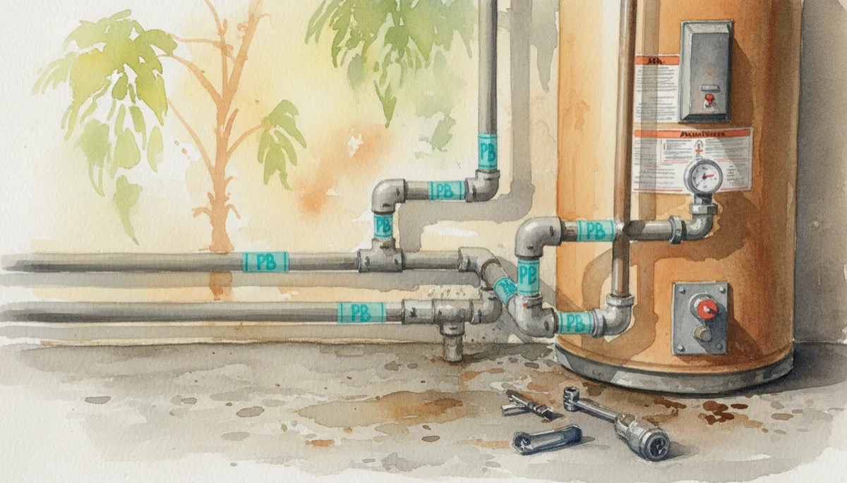 Close-up of gray polybutylene pipes and fittings near a water heater Close-up of gray polybutylene pipes and fittings near a water heater