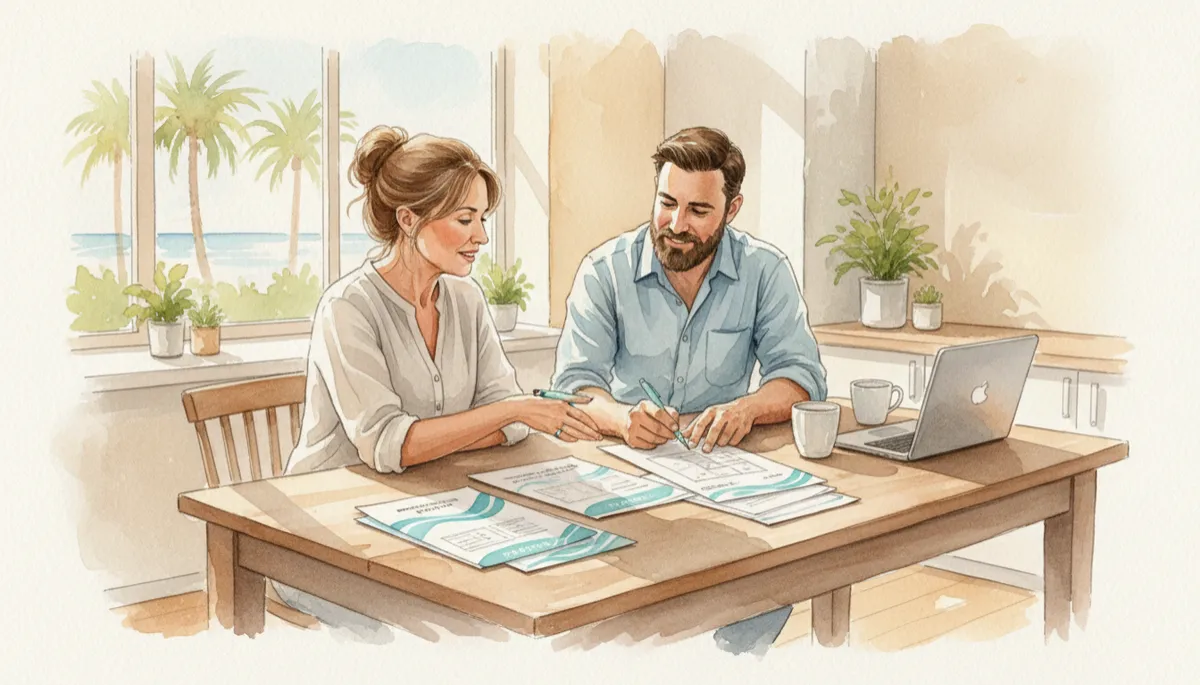 Homeowner reviewing repipe estimates with a plumber in Naples Homeowner reviewing repipe estimates with a plumber in Naples