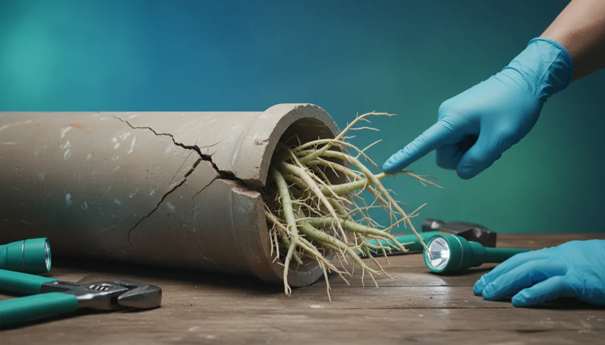 Cracked clay sewer pipe section with tropical tree roots growing through joints