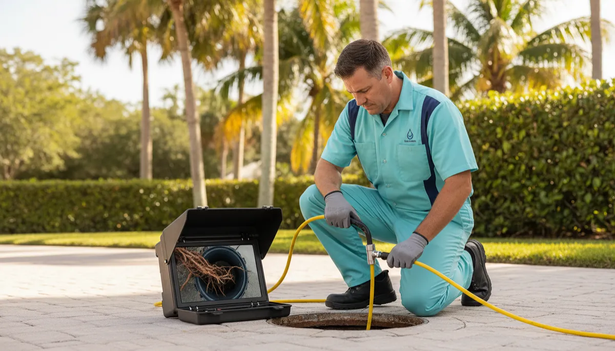 Plumber using camera inspection equipment to view tree roots inside a sewer line