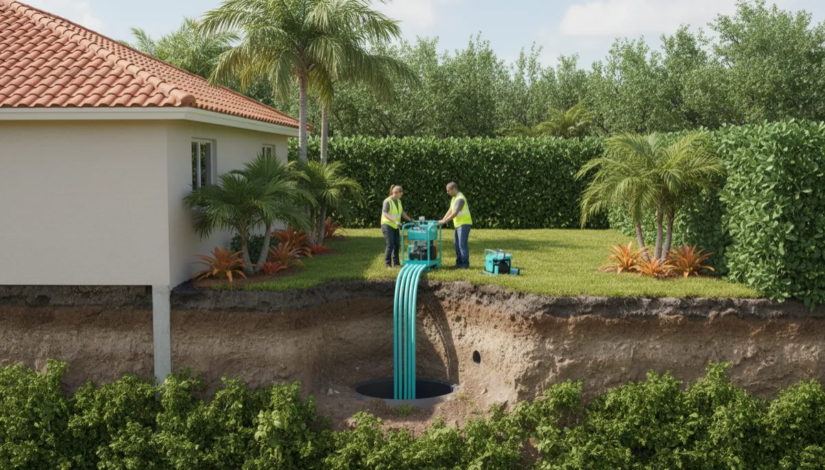 Technicians performing trenchless pipe lining next to a home with tropical landscaping