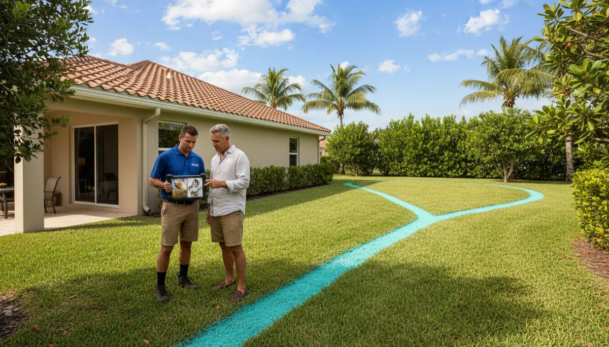 Homeowner reviewing sewer line layout and safe planting zones with a plumber