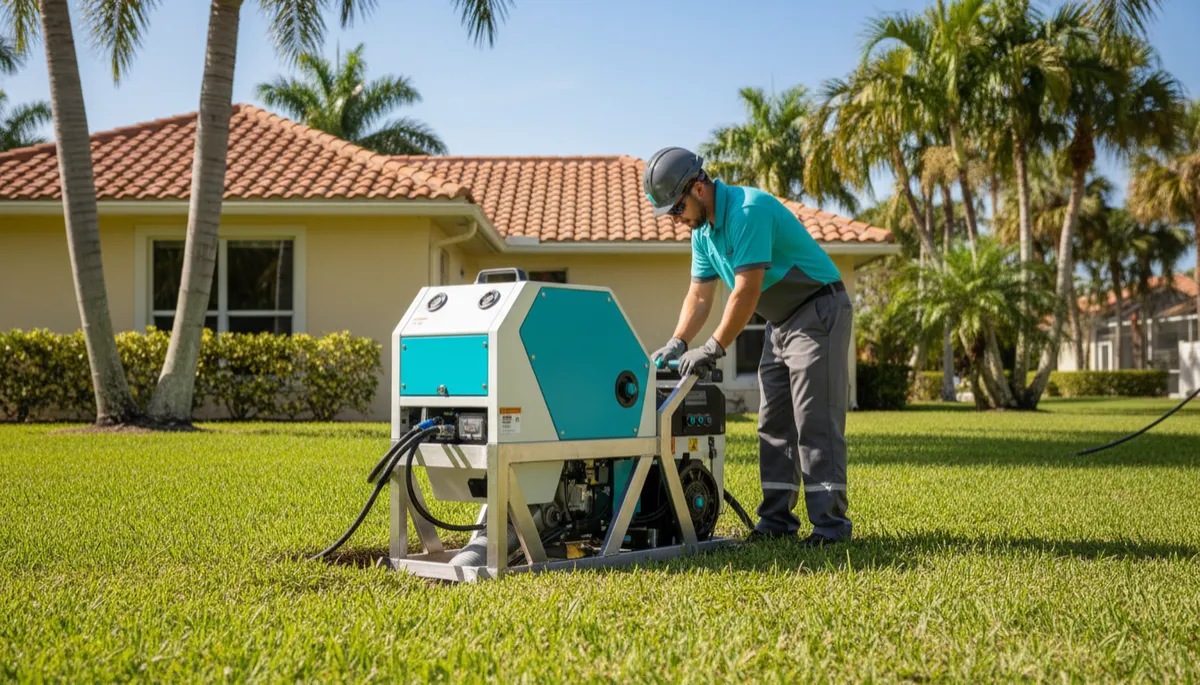 Plumber using trenchless sewer repair equipment beside a Florida home