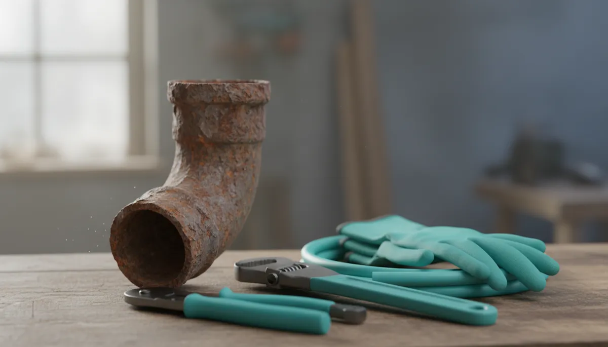 Rusted cast iron drain pipe section on a workbench next to plumbing tools