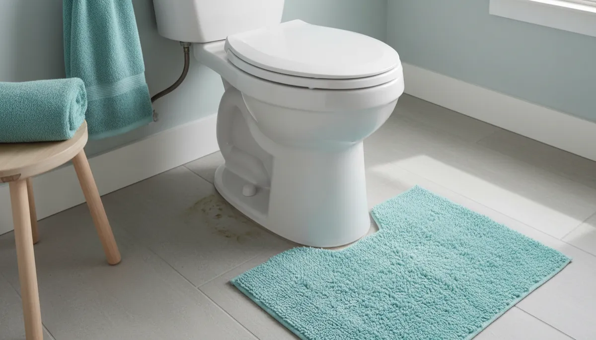 Bathroom floor showing water damage near the base of a toilet