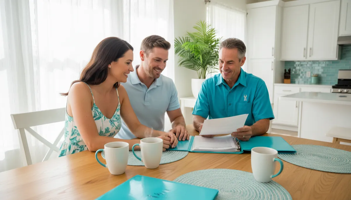 Homeowners discussing plumbing inspection results with a plumber at their kitchen table