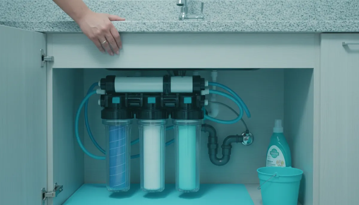 Inspecting reverse osmosis discharge line under a kitchen sink for silent leaks Inspecting reverse osmosis discharge line under a kitchen sink for silent leaks