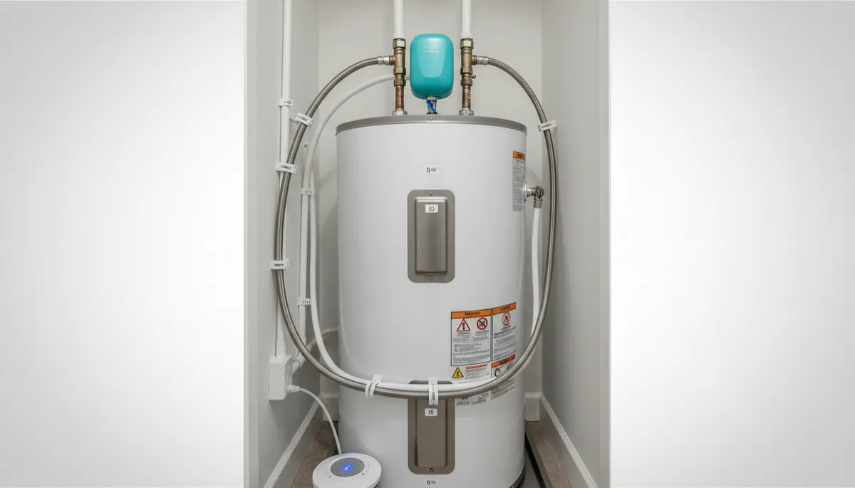 Water heater with automatic shut-off valve and leak sensor in a condo Water heater with automatic shut-off valve and leak sensor in a condo