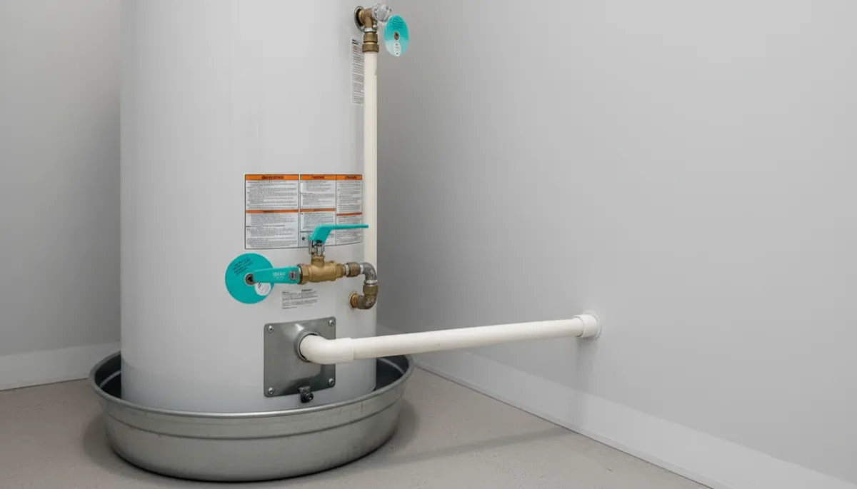 Water heater in a condo drain pan with proper drain piping Water heater in a condo drain pan with proper drain piping