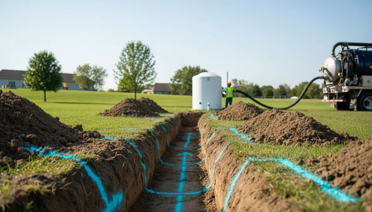 photographic realistic backyard scene showing a trench for new sewer and water lines with fresh aqua utility markings, a septic tank being pumped out in the background photographic realistic backyard scene showing a trench for new sewer and water lines with fresh aqua utility markings, a septic tank being pumped out in the background