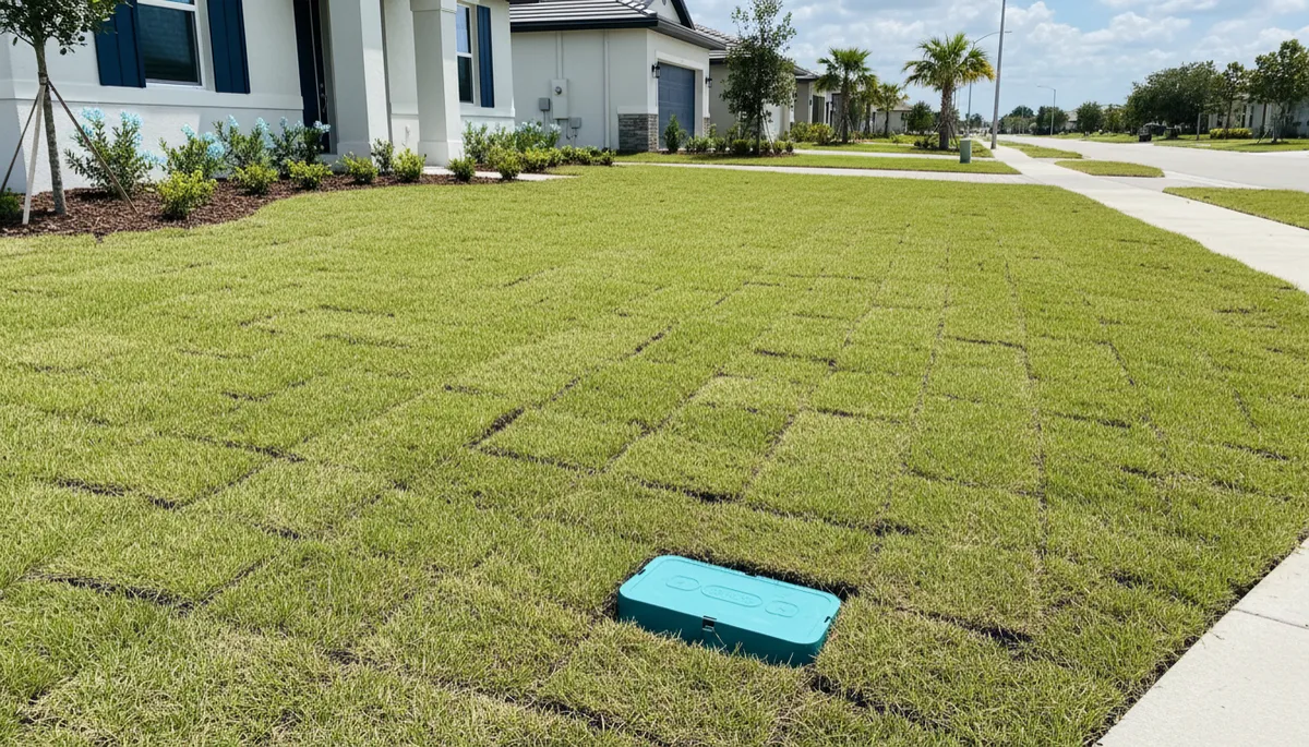 photographic realistic finished Cape Coral front yard with fresh sod over a former trench line, a new water meter box with a fresh aqua lid visible near the sidewalk photographic realistic finished Cape Coral front yard with fresh sod over a former trench line, a new water meter box with a fresh aqua lid visible near the sidewalk
