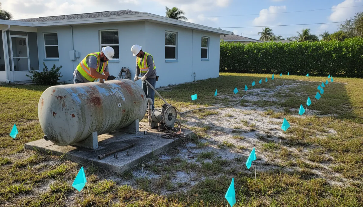 photographic realistic side-yard view of an older Cape Coral aeration tank and well equipment being disconnected, with fresh aqua utility flags marking new city water lines photographic realistic side-yard view of an older Cape Coral aeration tank and well equipment being disconnected, with fresh aqua utility flags marking new city water lines