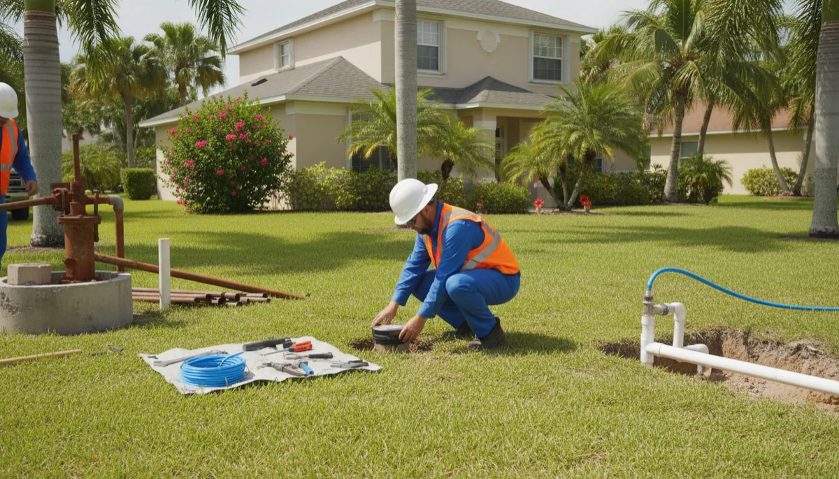 Photorealistic, high-resolution image of a residential Cape Coral neighborhood under bright daylight. In the foreground, a city utility worker in a clean blue uniform and safety vest is installing a new water meter box at the edge of a neatly landscaped front yard. Nearby, a house with tropical landscaping and palm trees is visible. On one side, the old well pump system is being removed, while new PVC water pipes are being connected to the city water line. The scene conveys a smooth transition from well to city water, with tools and equipment neatly arranged and the environment clean and organized, reflecting a positive and professional experience. Photorealistic, high-resolution image of a residential Cape Coral neighborhood under bright daylight. In the foreground, a city utility worker in a clean blue uniform and safety vest is installing a new water meter box at the edge of a neatly landscaped front yard. Nearby, a house with tropical landscaping and palm trees is visible. On one side, the old well pump system is being removed, while new PVC water pipes are being connected to the city water line. The scene conveys a smooth transition from well to city water, with tools and equipment neatly arranged and the environment clean and organized, reflecting a positive and professional experience.