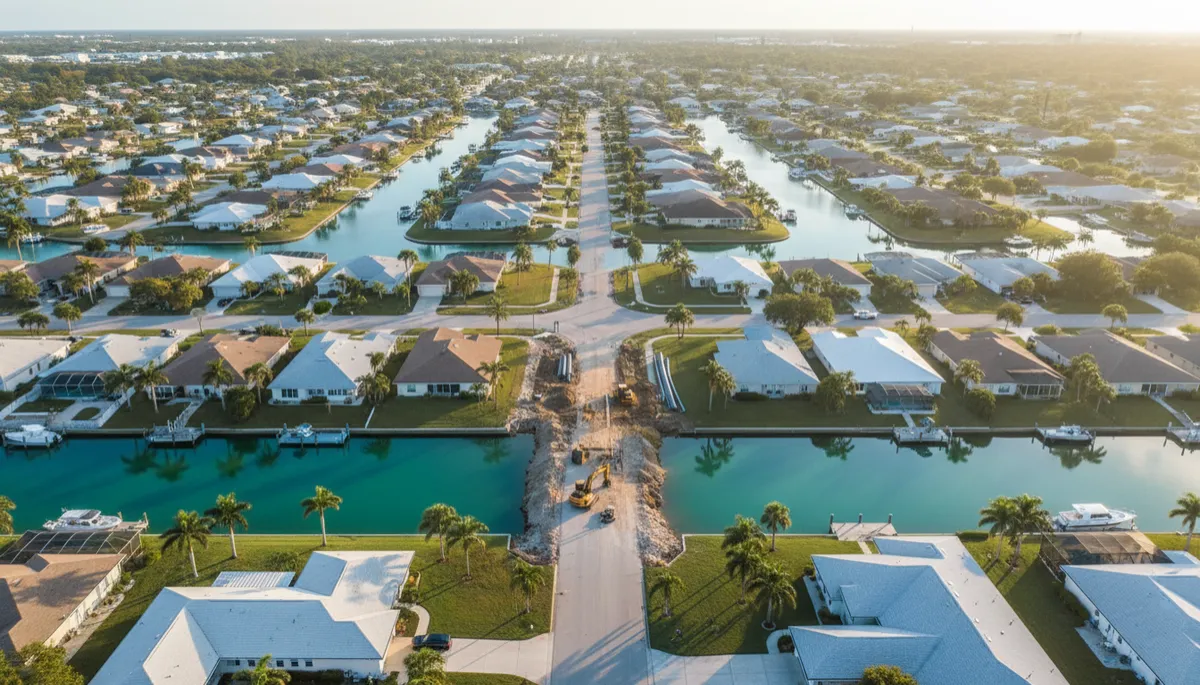 photographic realistic aerial view of a Cape Coral neighborhood with turquoise canals and fresh aqua accents, utility construction equipment along a residential street, soft evening light photographic realistic aerial view of a Cape Coral neighborhood with turquoise canals and fresh aqua accents, utility construction equipment along a residential street, soft evening light