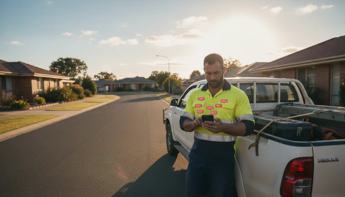 photorealistic scene of an Australian tradie in a hi-vis shirt and work shorts standing beside a ute in a Frankston suburban street, looking at a smartphone showing multiple missed call notifications, late afternoon natural light, neutral colour palette