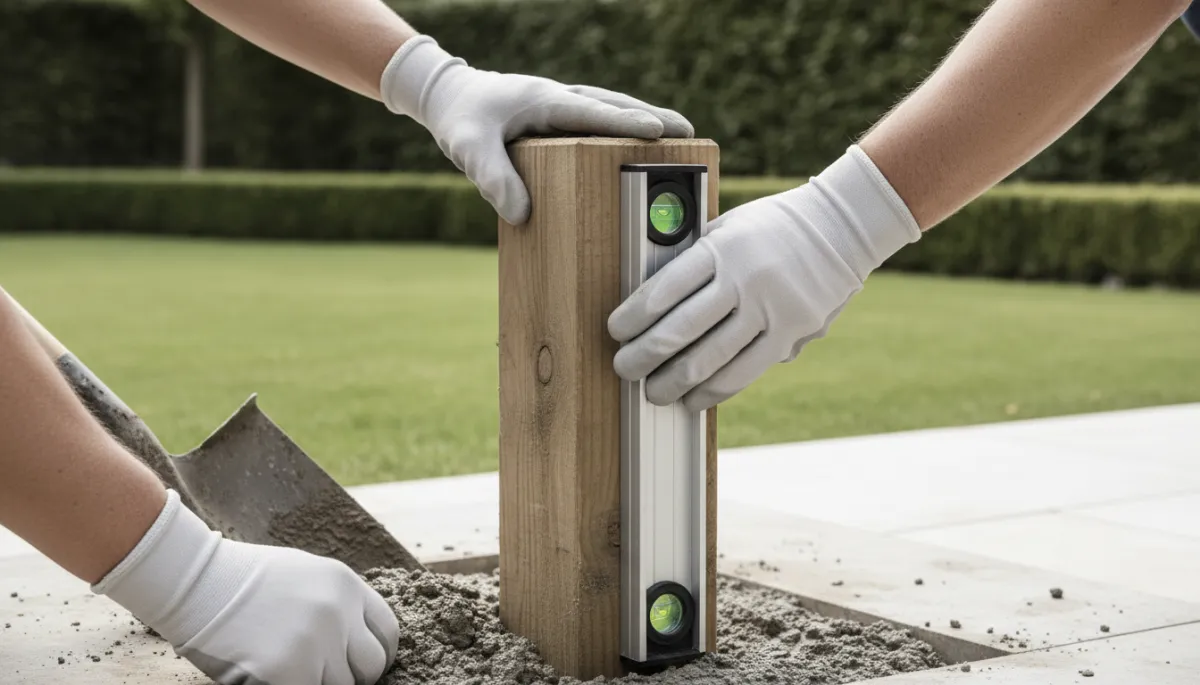 Worker checking level on a fence post while setting it in concrete