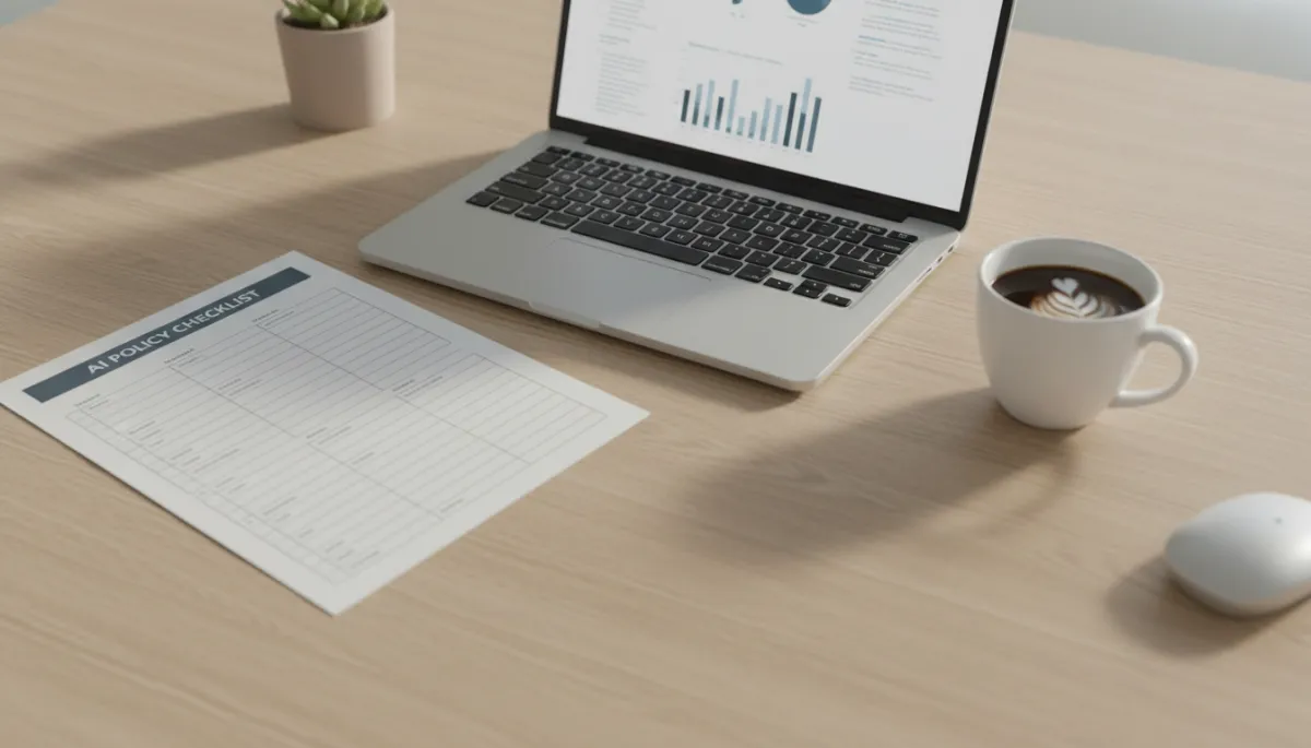Printed AI policy checklist on a desk beside a laptop