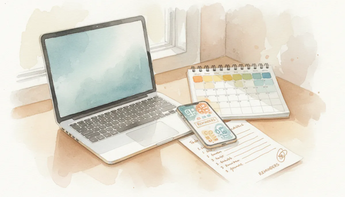Organized workspace with laptop, planner, and phone reminders neatly arranged Organized workspace with laptop, planner, and phone reminders neatly arranged