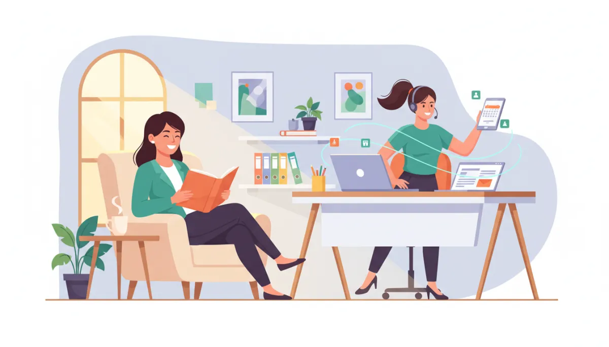 A bright, animated scene showing a cheerful business owner joyfully using their newfound free time—reading a book in a cozy, sunlit office corner—while in the background, a professional virtual assistant energetically manages a laptop and smartphone, juggling emails, schedules, and digital tasks with dynamic motion lines and subtle glowing effects. The workspace is modern and organized, with vibrant pops of color and soft lighting, conveying efficiency, productivity, and the positive impact of reclaimed time. The overall look is polished and engaging, maintaining a professional yet lively tone suitable for a business blog.