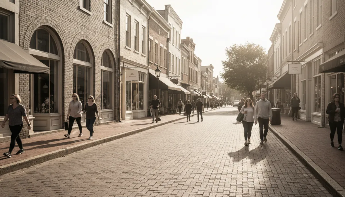 Historic brick buildings in downtown Fredericksburg with cafes and shops