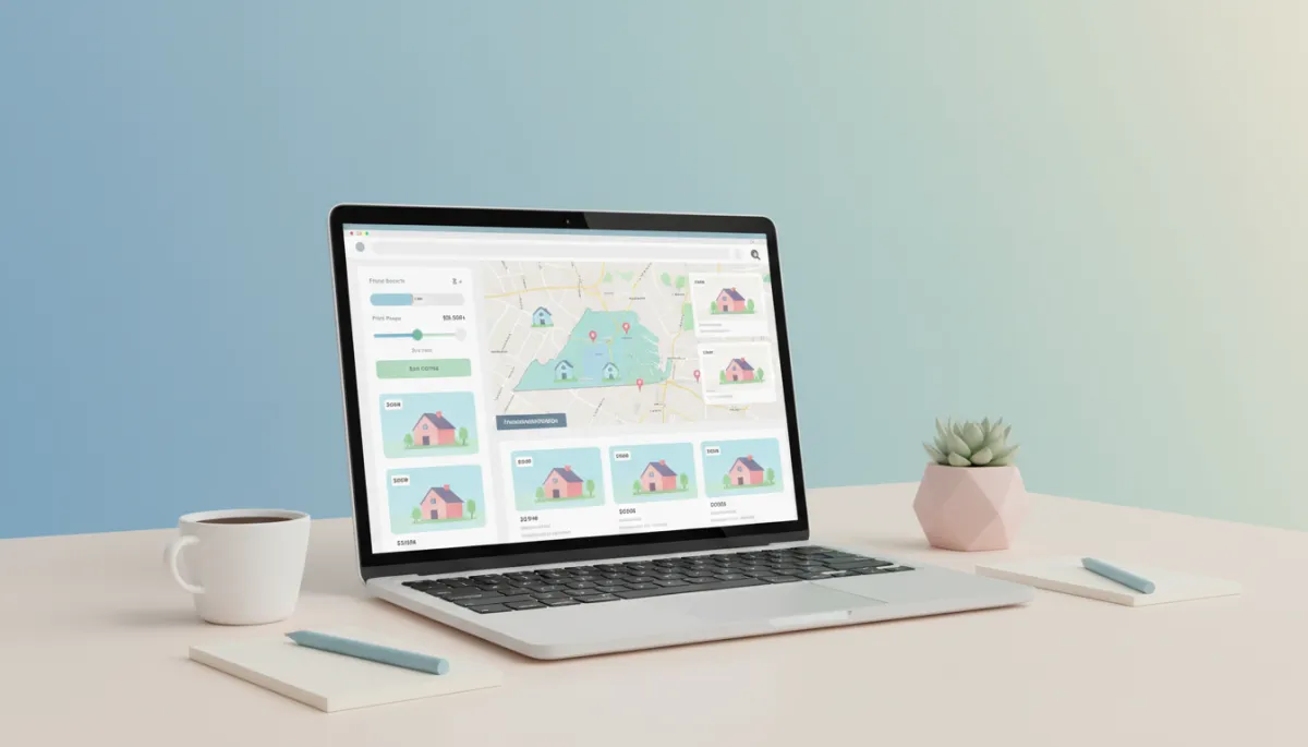 Laptop displaying Fredericksburg home listings with price filters on a real estate website