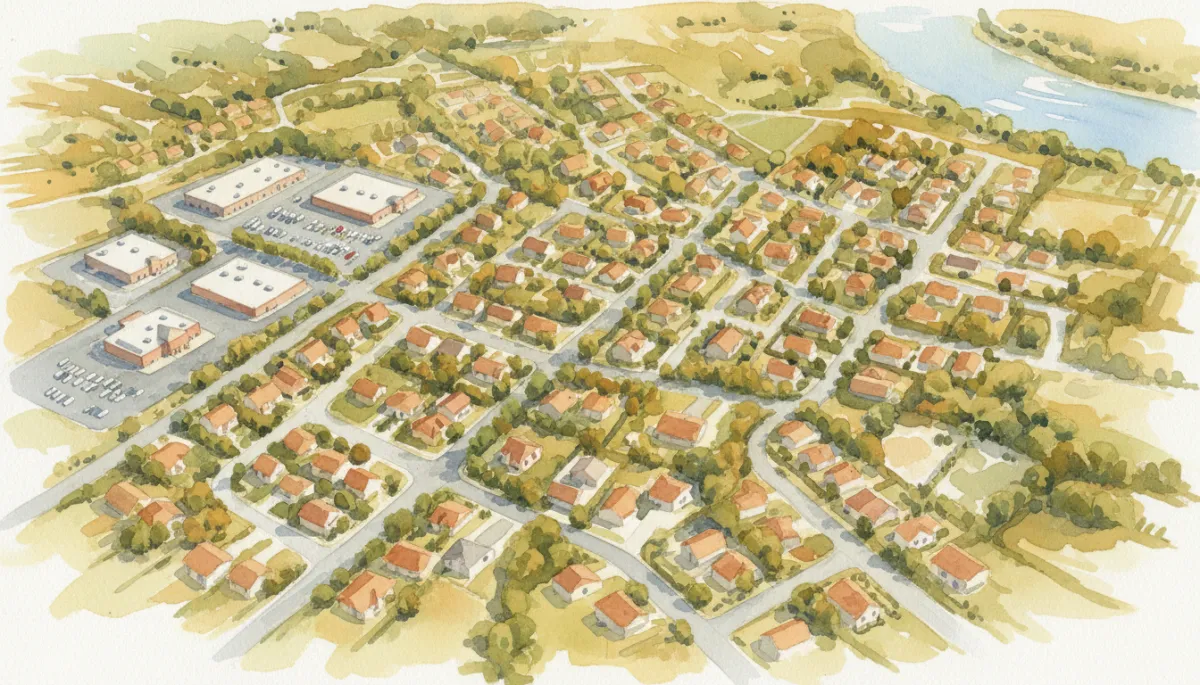 Aerial view of Fredericksburg VA neighborhood with homes and streets