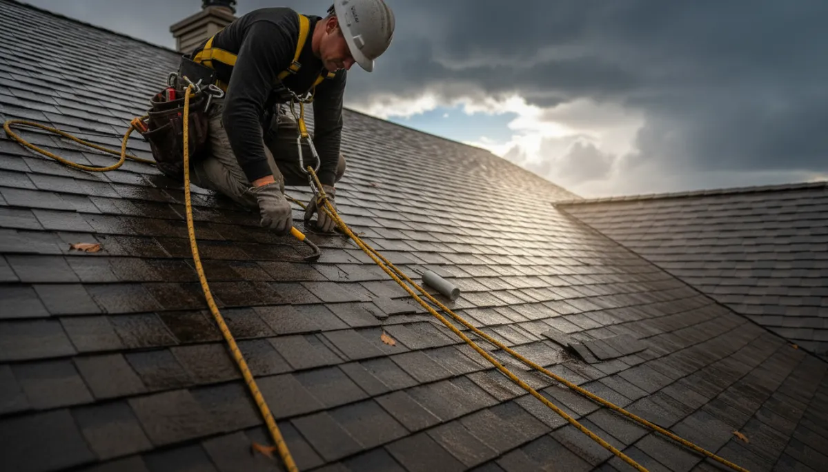 Roofer repairing damaged shingles on a wet Georgia roof after a storm