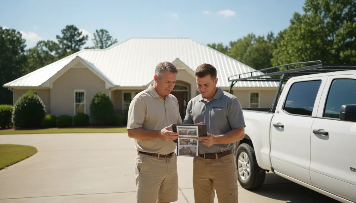 Georgia homeowner reviewing roofing and insurance paperwork with a local roofer