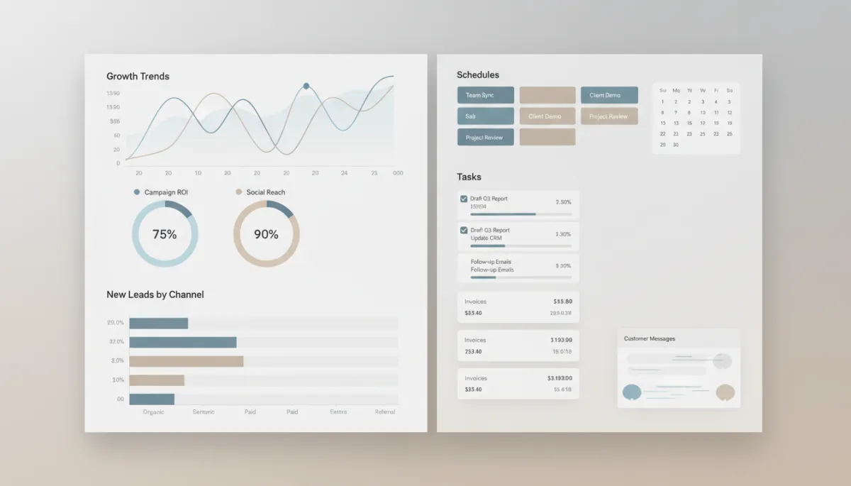 Dashboard comparing marketing performance with organized AI-powered operations workflows