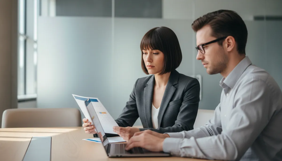 Executive reviewing strategy while assistant manages communication and scheduling Executive reviewing strategy while assistant manages communication and scheduling