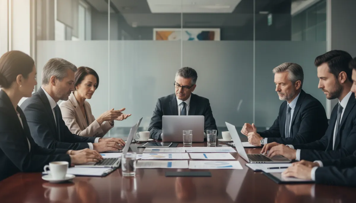Photorealistic executive leadership team collaborating in a neutral-toned boardroom Photorealistic executive leadership team collaborating in a neutral-toned boardroom