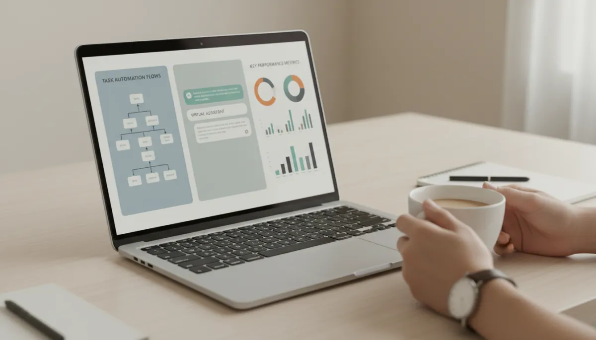 Photorealistic view of a business owner monitoring automated workflows and virtual assistant activity on a laptop
