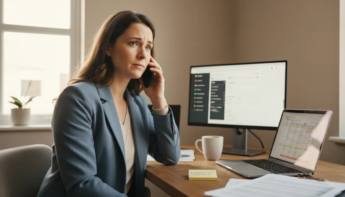 professional photorealistic close-up of an executive at a desk with two monitors, one showing complex financial models and the other cluttered with email and calendar alerts, the executive rubbing their temple in quiet concentration